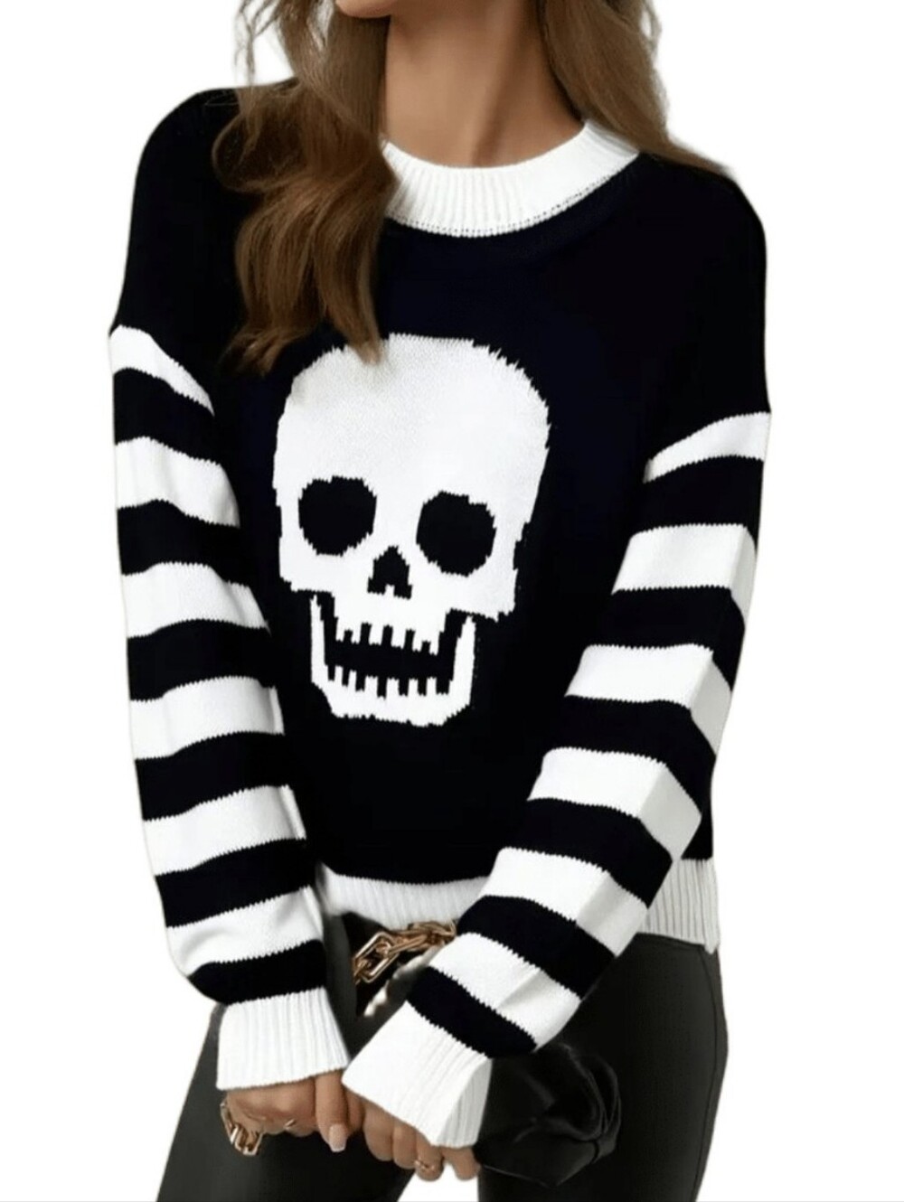 SHEIN Black & White Skull Stripe Sweater - Women